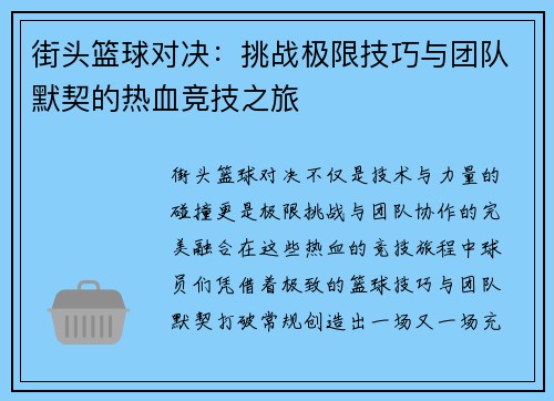 街头篮球对决：挑战极限技巧与团队默契的热血竞技之旅