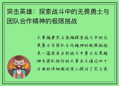 突击英雄：探索战斗中的无畏勇士与团队合作精神的极限挑战